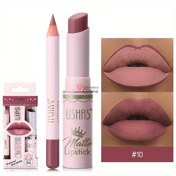 Ruj solid pentru buze 2 in1 USHAS Matte & LipLiner Cod 10 Deep Claret